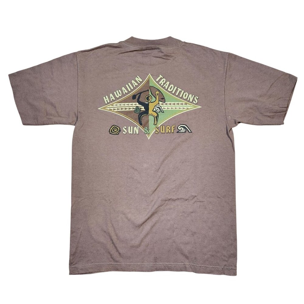 Hawaiian Traditions Sun & Surf Graphic T-Shirt Murina M 100% Cotton Brown